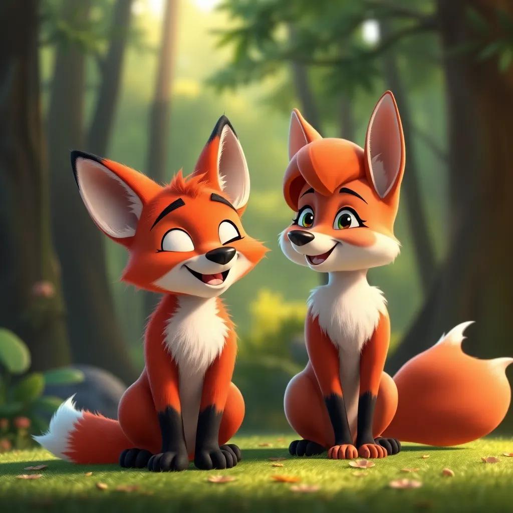 Felix, the friendly fox, looking content with Bella by his side, celebrating friendship and adventure, beautiful forest background, joyful and uplifting mood
