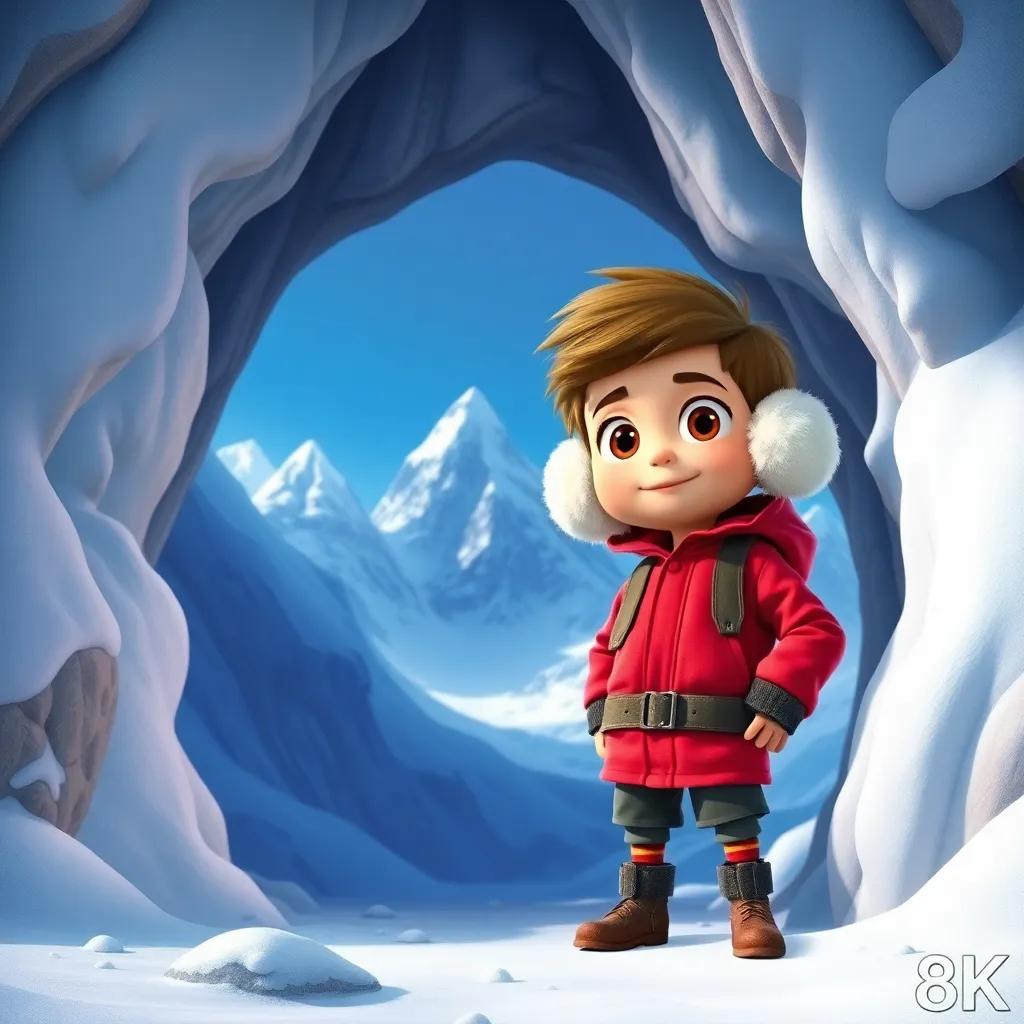 A little scout named Max, wearing a bright red jacket and fluffy earmuffs, standing at the entrance of a giant snowy cave with curious eyes, surrounded by snow-covered mountains, digital art, vibrant colors, adventurous mood, high quality