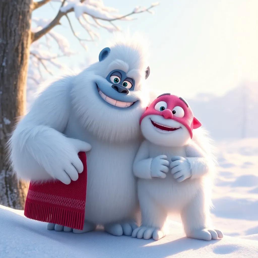 A friendly yeti named Yogi, big and white with sparkling fur and twinkling eyes, smiling warmly next to Max in the snowy landscape, soft sunlight glistening on the snow, cute and inviting atmosphere, digital painting, bright