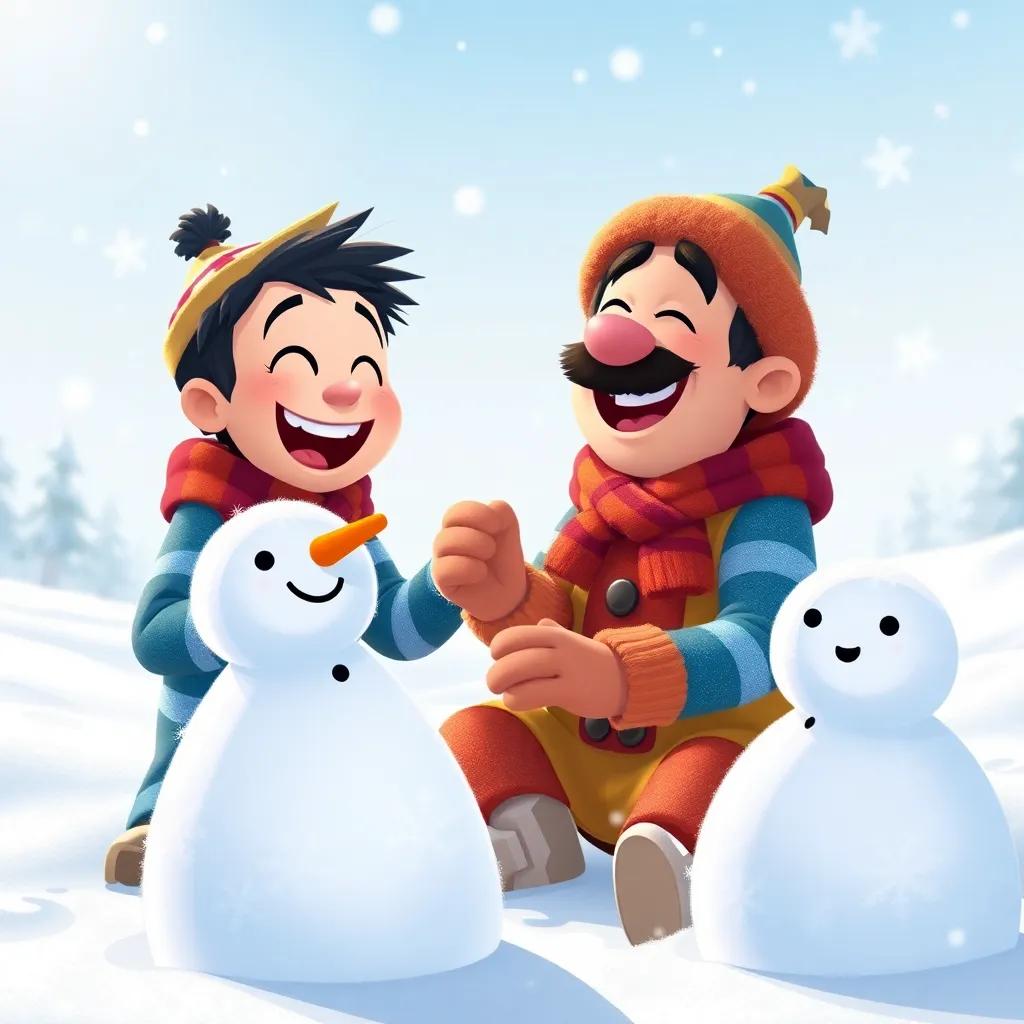 Max and Yogi building snowmen together in a snowy landscape, laughter on their faces, snowflakes gently falling around them, cheerful and friendly scene, colorful illustration, lively