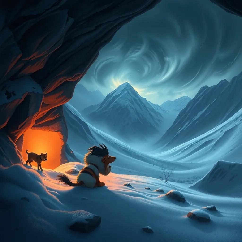 A dark storm approaching the mountains with swirling winds, Max and Yogi hurriedly finding shelter in the snow-filled cave, sense of urgency but warmth inside, dramatic yet cozy ambiance, detailed digital art, high quality