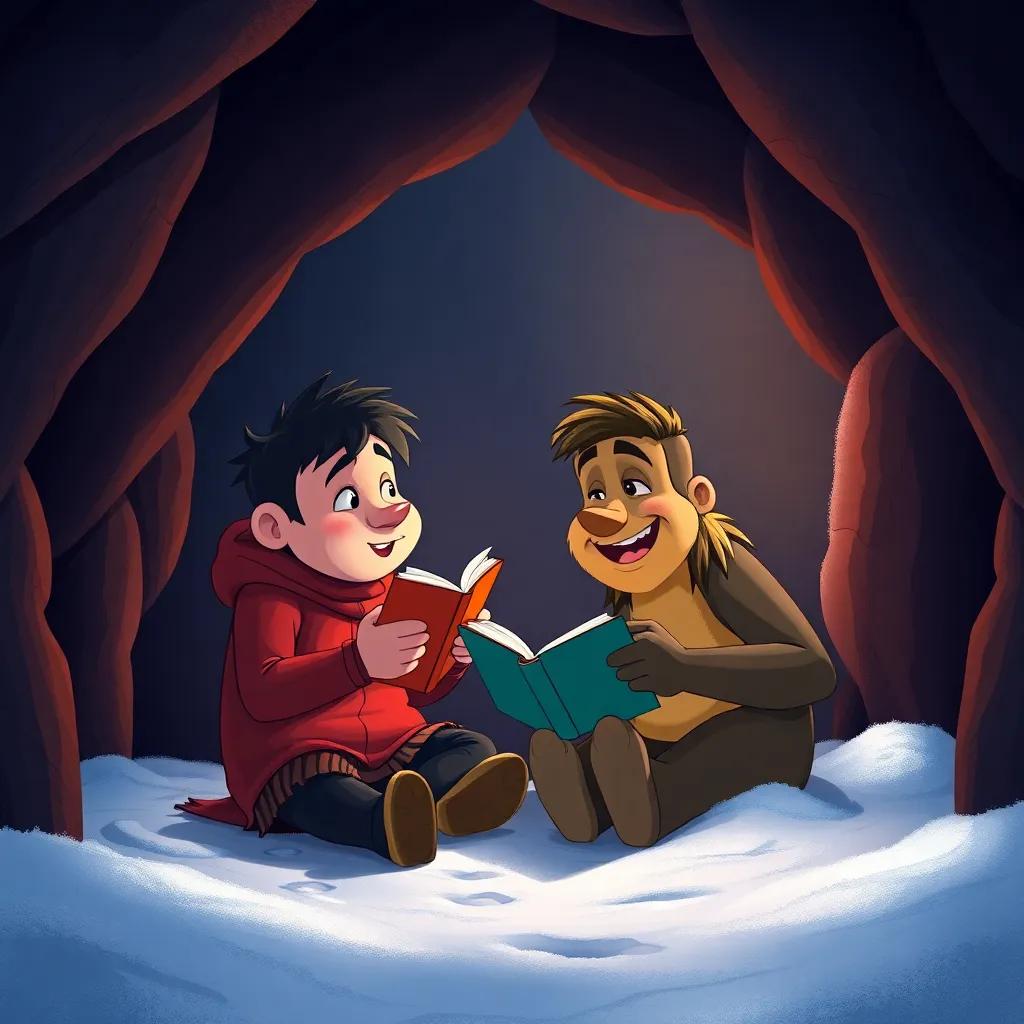Max and Yogi sitting together inside the cave, sharing stories, soft white snow around them, warm glow from their laughter, heartwarming scene, cozy illustration