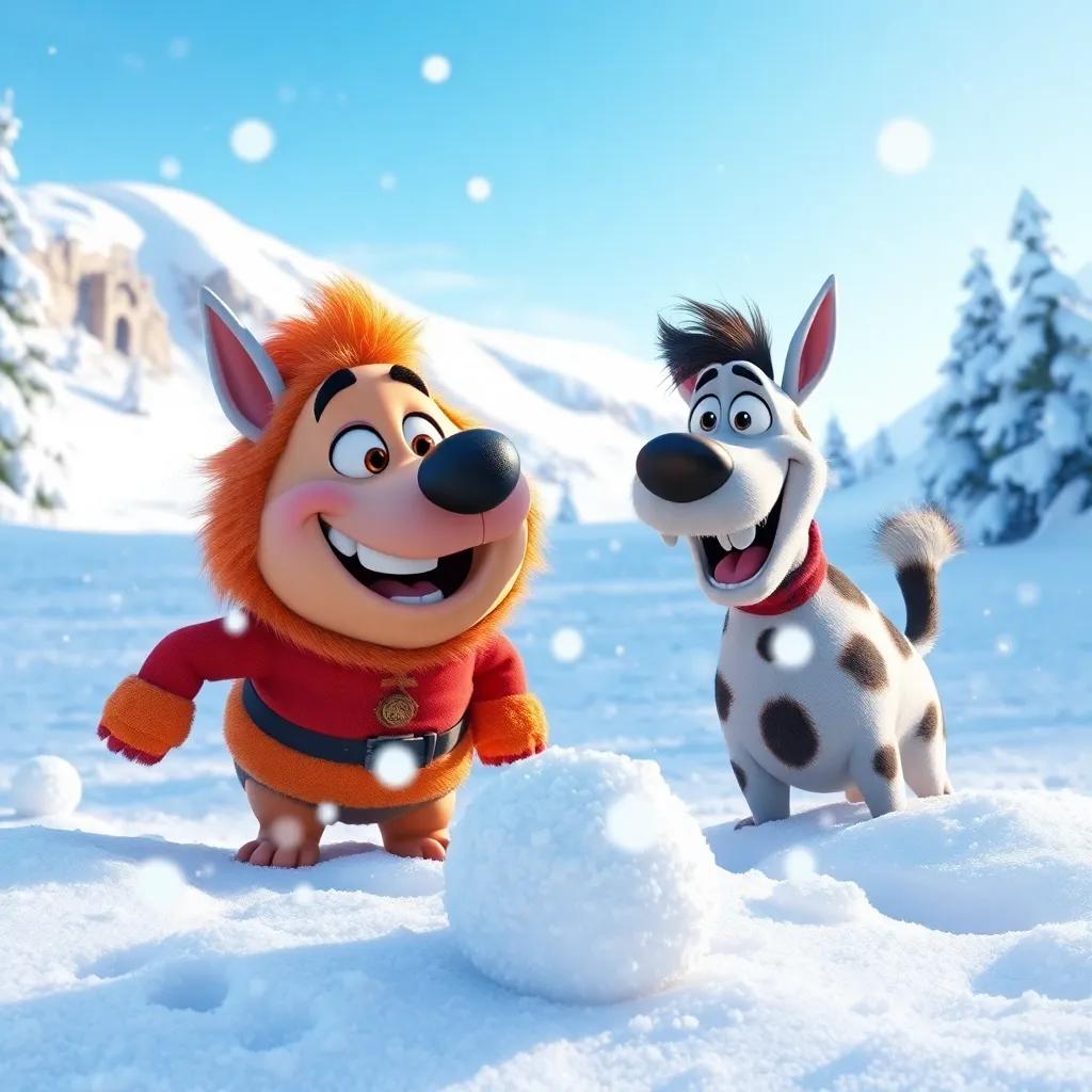 Max and Yogi outside in a transformed snow-covered world, a snowball fight with bright smiles in the sparkling landscape, blue sky above, playful and lively scene, colorful digital art, joyous atmosphere