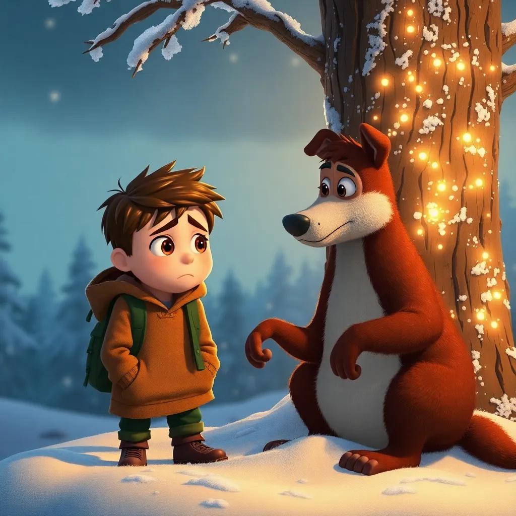 Max looking worried as he searches for his missing compass, Yogi comforting him next to a shimmering tree covered in snow, supportive atmosphere, detailed illustration