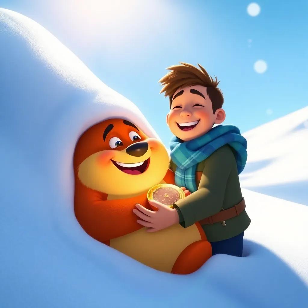 Max finding his compass under a snowdrift, excitement on his face as he hugs Yogi tightly, sunlight shining on their joyful expressions, heartwarming scene, vibrant colors