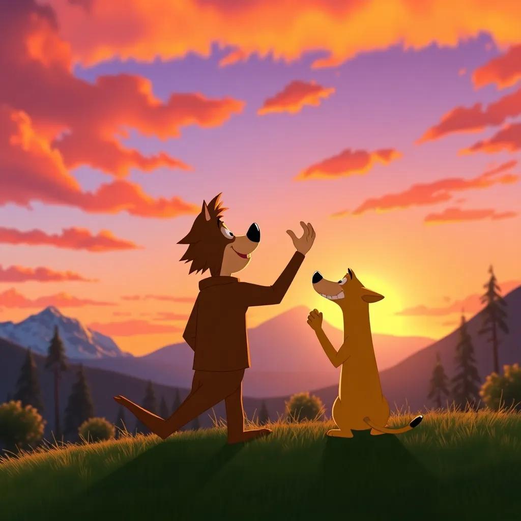 Max waving goodbye to Yogi at sunset, colorful sky with orange and pink hues, the mountain backdrop, sense of friendship and adventure, beautiful landscape illustration, warm and inviting atmosphere