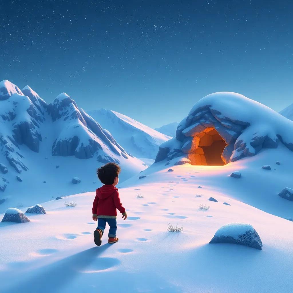 Max walking down the mountain, looking back at the cave with a smile, snowy landscape and twinkling stars above, feeling of happiness and friendship, charming and inspiring scene, high quality digital art
