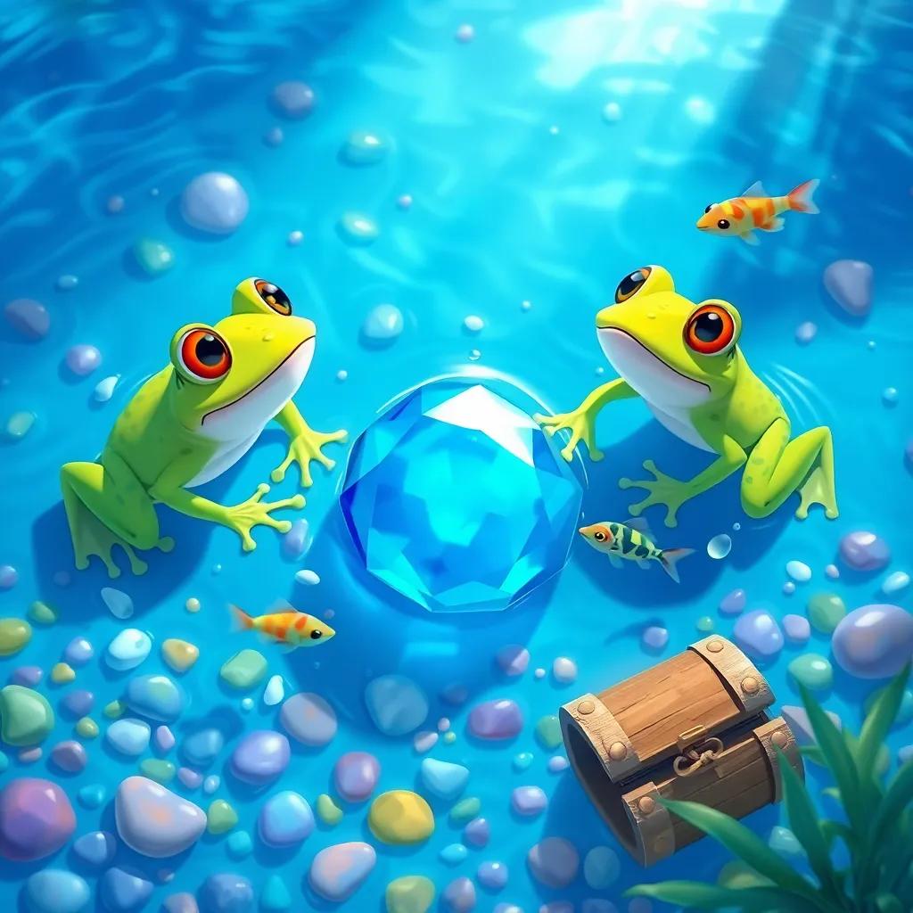 The three frogs in a clear blue pond, filled with colorful pebbles and a sunken treasure chest, the frogs are swimming around a large bright blue gem, some fish swimming around curiously, illustration, fun, adventurous scene, bright light, rich colors