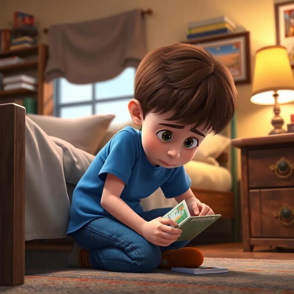 A young boy, Tommy, with short brown hair, wearing a blue t-shirt and jeans, looking worried as he searches under his bed for his lost library card, detailed digital art, cozy room, warm colors, inviting atmosphere, high quality