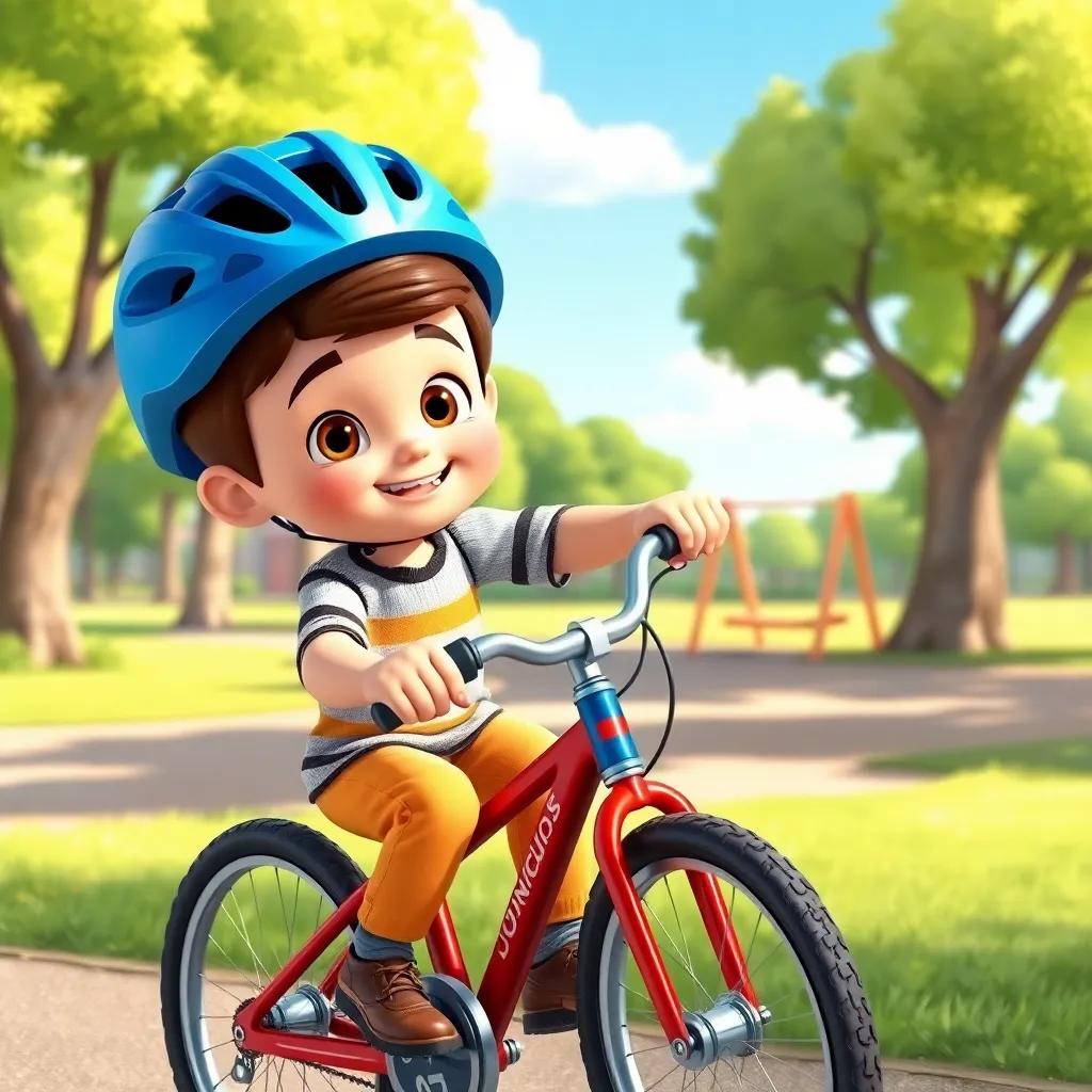 Tommy riding his bike in a sunny park, looking hopeful and determined, wearing a blue helmet, with trees and swings in the background, cheerful illustration, vibrant colors, adventure-themed, child-friendly