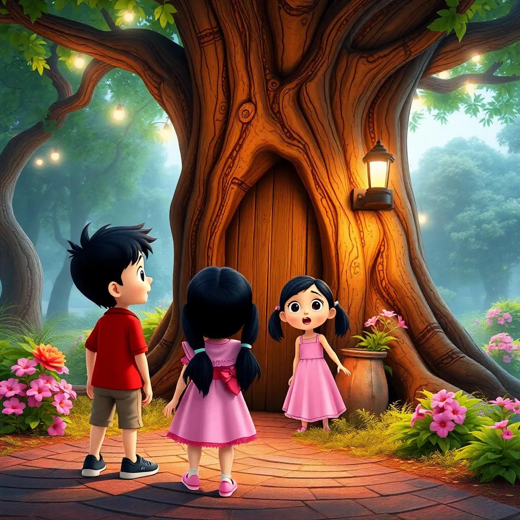Tommy and Mia, a young girl with long black hair in pigtails, wearing a pink dress, looking surprised as they discover an old tree with a door in the park, magical scene, bright colors, enchanting atmosphere, high quality