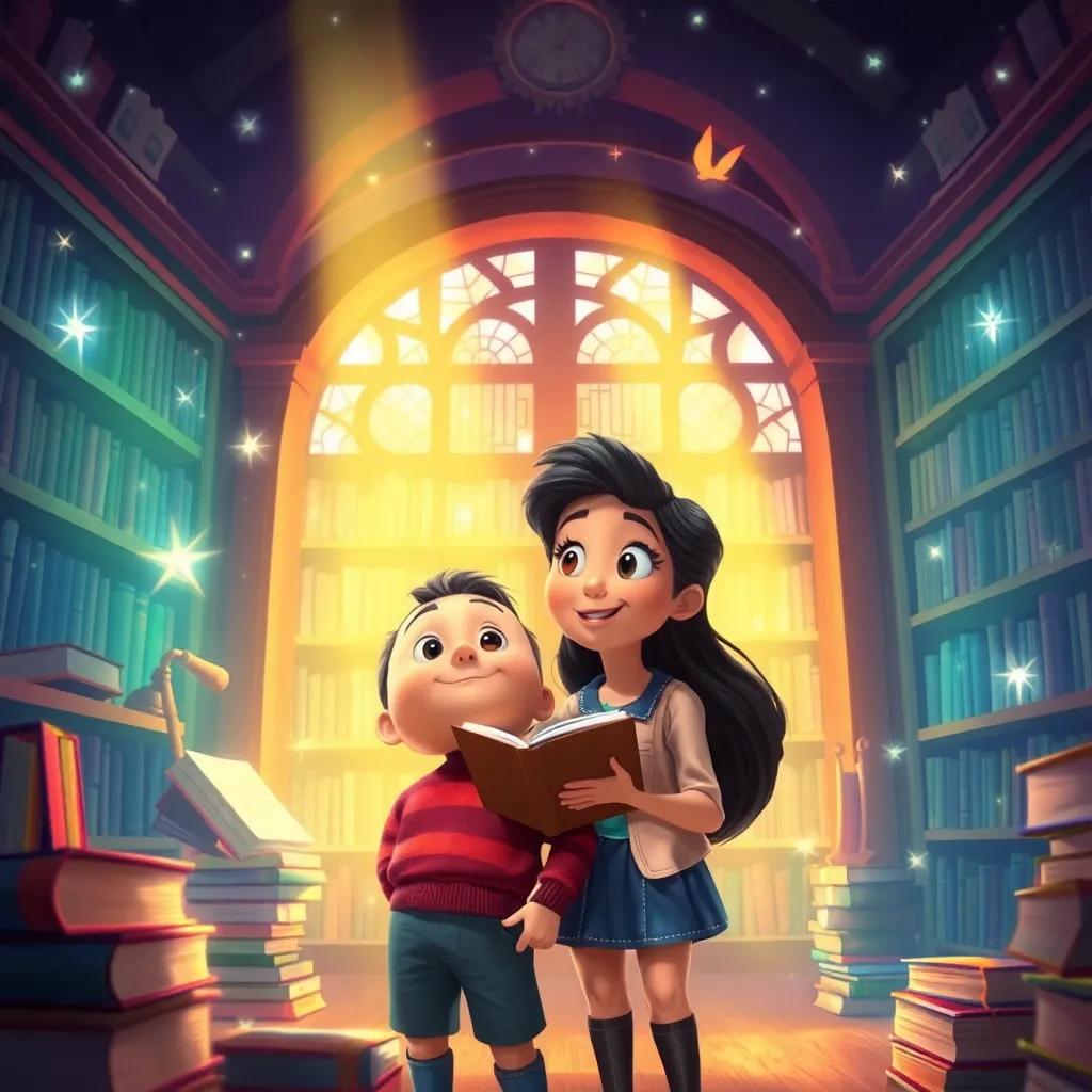 Inside the magical library, with books floating and sparkling lights, Tommy and Mia looking amazed, the kind librarian smiling at them, colorful digital painting, whimsical atmosphere, fantasy