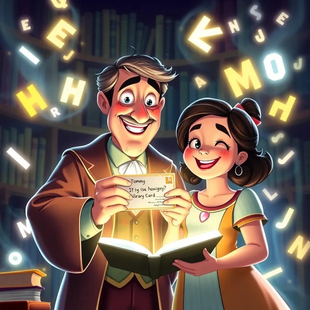 The magical librarian presenting Tommy's lost library card to him, surrounded by glowing books and floating letters, smiling faces of Tommy and Mia filled with joy, detailed illustration, vibrant colors, dreamlike quality