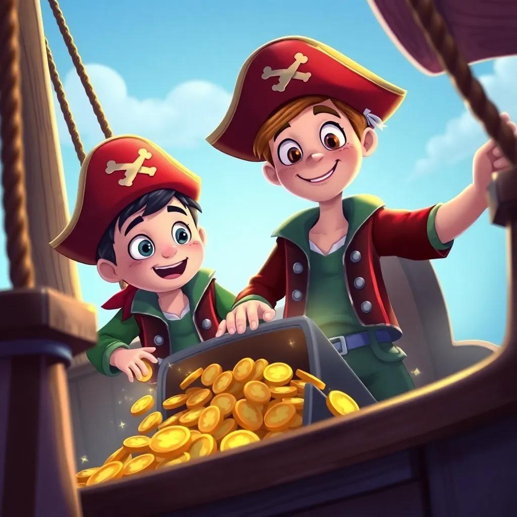 Tommy and Mia on a pirate ship, wearing pirate hats, uncovering treasure with sparkling gold coins, adventure and excitement in their eyes, bright colors, fun atmosphere, child-friendly illustration