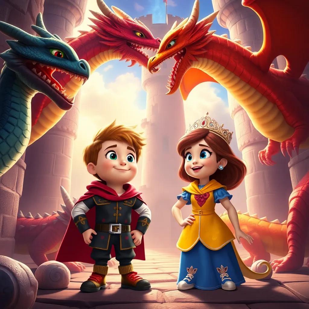 Tommy and Mia in a castle with dragons, wearing castle costumes and looking bravely at the dragons, colorful digital art, vibrant fantasy scene, uplifting