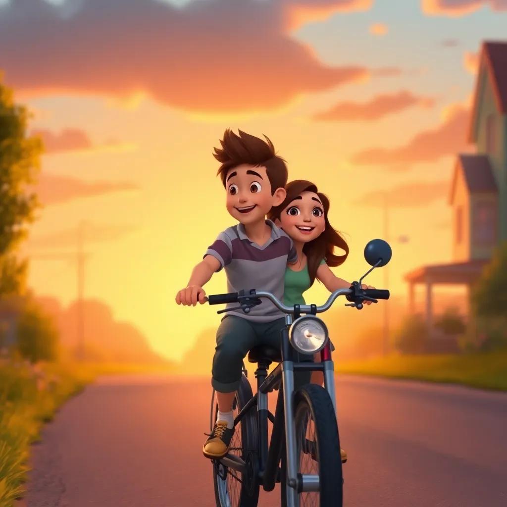Tommy returning home on his bike with Mia, both smiling and chatting about their adventures, the sun setting behind them, warm colors, heartwarming scene, high quality