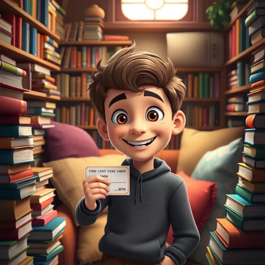 Tommy holding his library card with a smile, surrounded by piles of books, a cozy reading nook with pillows and blankets, inviting atmosphere, joyful digital art, rich colors