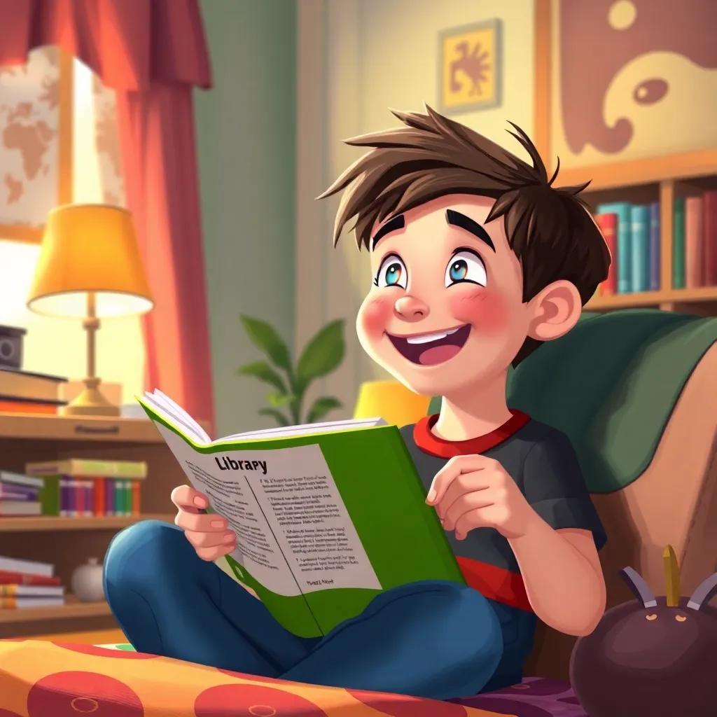 Tommy reading a book in his room with his library card next to him, glad and excited, detailed digital painting, colorful, heartwarming scene, high quality