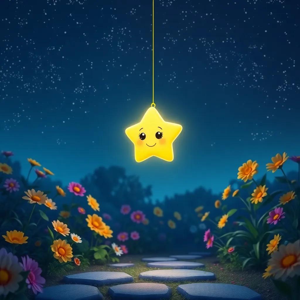 A little star named Twinkle, with a happy face and a soft glow, falling gently from a starry sky into a quiet garden with colorful flowers, nighttime, digital art, bright colors, enchanting atmosphere, high quality