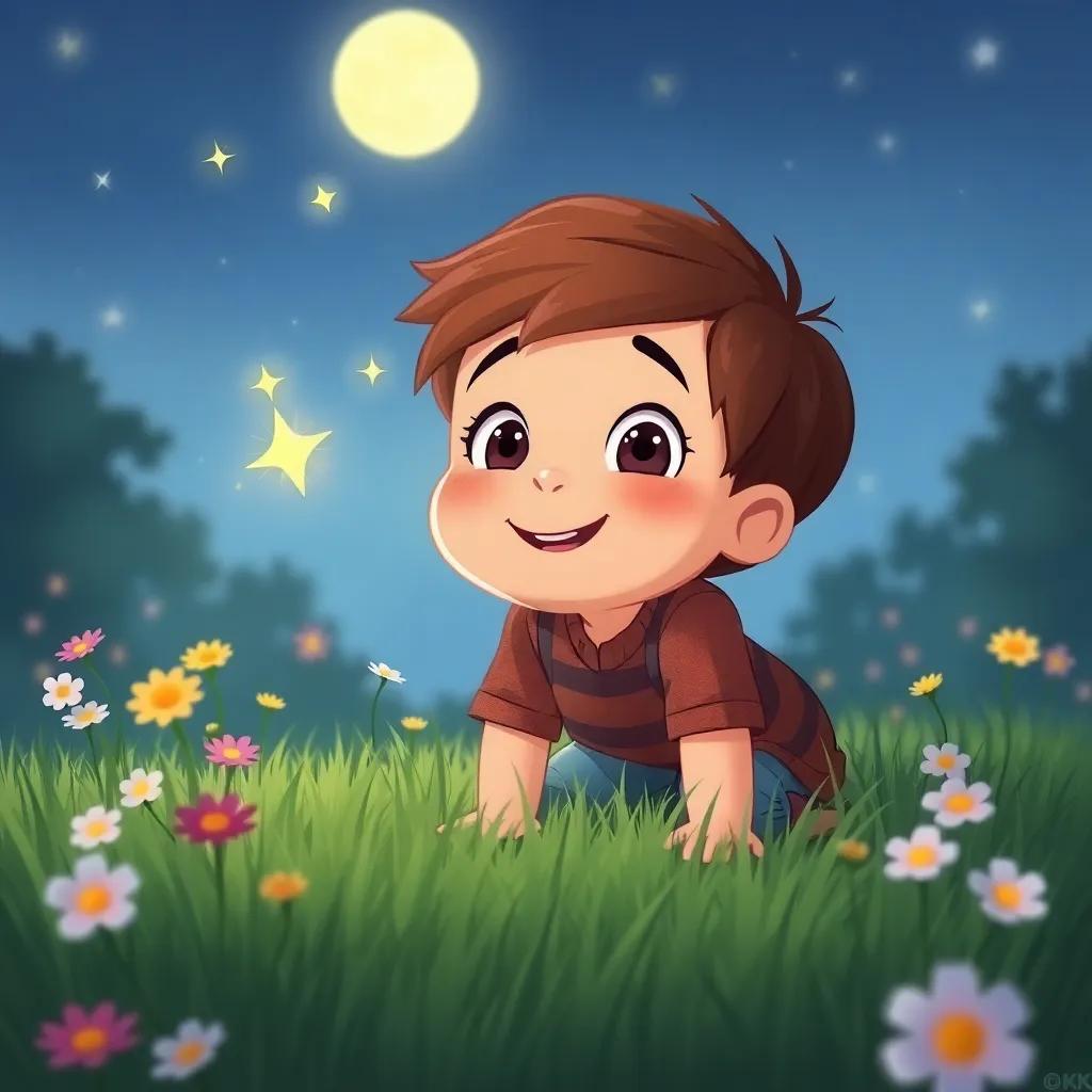 A small boy named Sam, with bright eyes and a big smile, kneeling on the grass, looking at the little star Twinkle with wonder, surrounded by flowers and the moonlight, illustration, cheerful, engaging scene, child-friendly