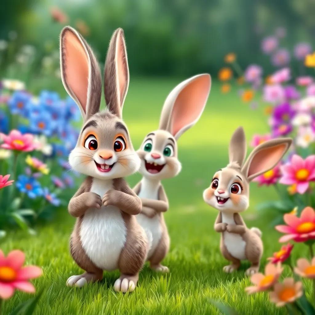 A friendly rabbit named Benny, with fluffy fur and big ears, standing with Sam and Twinkle, looking excited in a lush garden filled with vibrant flowers and soft green grass, digital painting, joyful, colorful imagery