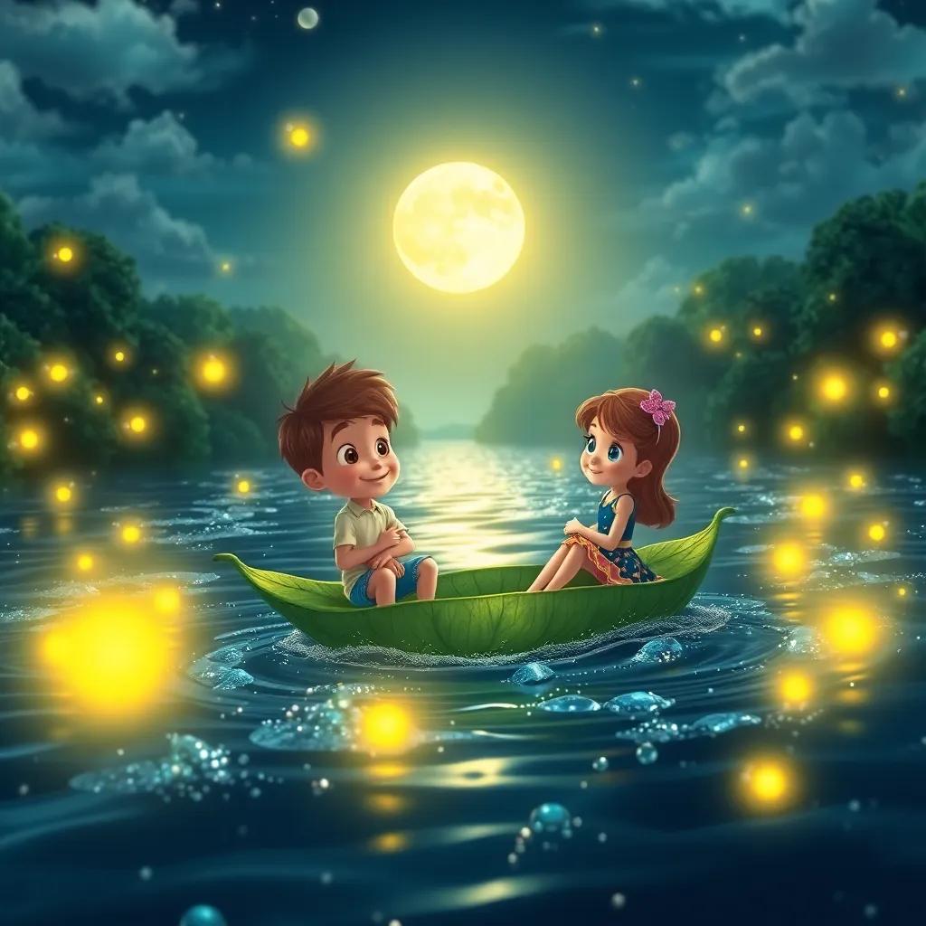 A scenic river with sparkling water under the moonlight, with Sam and Twinkle riding a leaf boat, surrounded by glowing fireflies illuminating the scene, lively, magical atmosphere, high quality