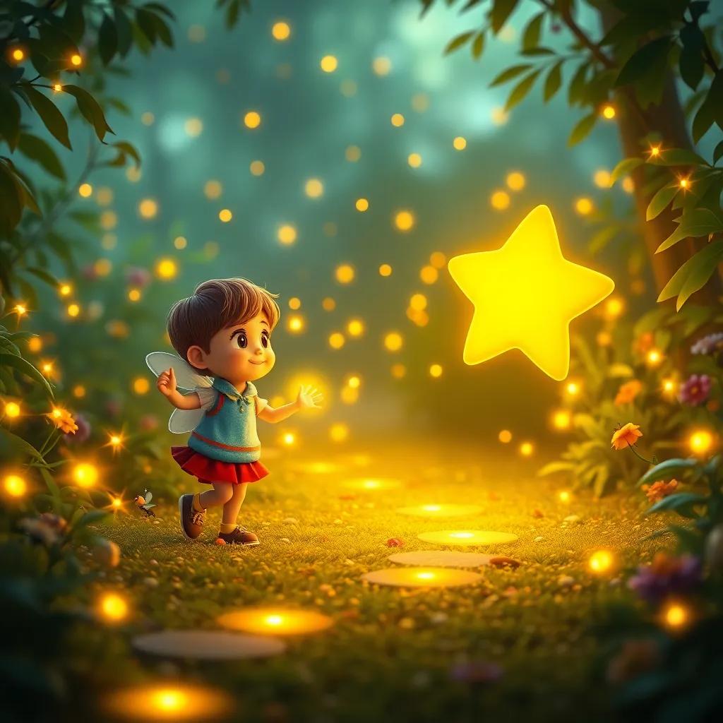 Tiny fireflies dancing around Twinkle the star and Sam, with a glowing path leading through the garden, creating a beautiful, whimsical scene with warm light, enchanting, artful, high quality