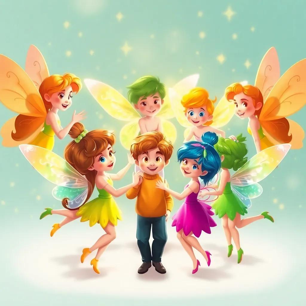 A group of playful fairies with shimmering wings, dancing around Twinkle and Sam in a fairy circle, with twinkling stars in the background, joyful, bright colors, magical setting, child-friendly illustration