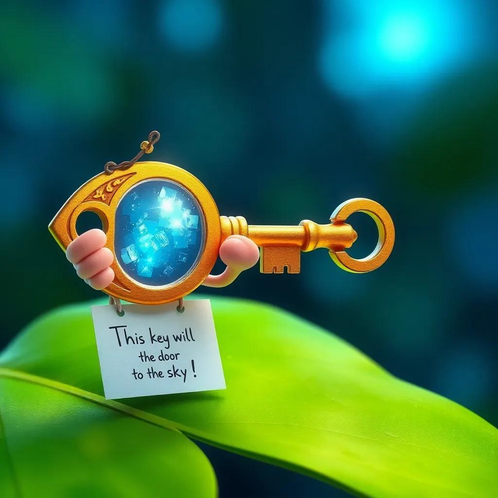 A shiny key held by Sam, with a note next to it that reads 'This key will open the door to the sky!', placed on a soft green leaf, whimsical, enchanting, colorful imagery
