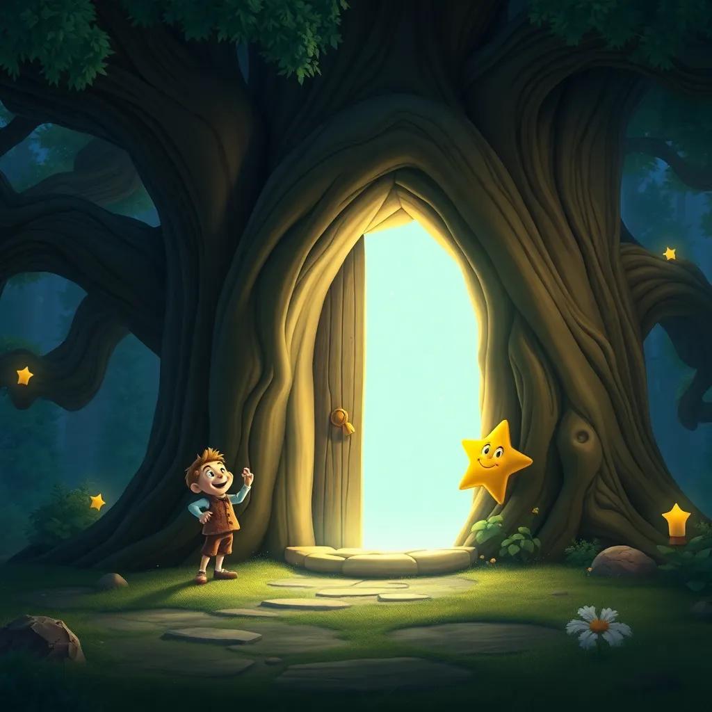 A large tree with a bright door, being opened by Sam, while Twinkle the star looks excited to go home, glowing light spilling from the door, magical, inviting atmosphere, high quality
