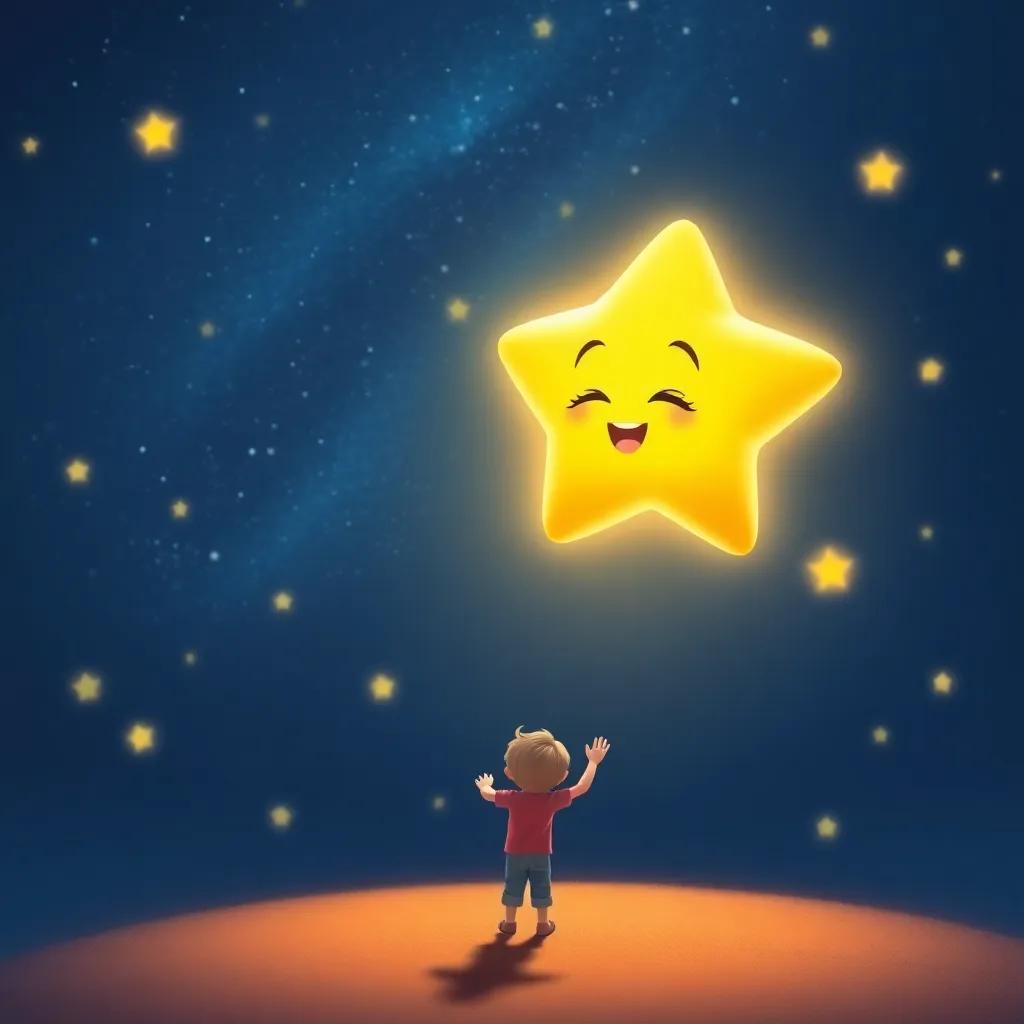 Twinkle the star, glowing brightly with joy, flying up into the night sky, leaving Sam waving goodbye, filled with stars twinkling around, beautiful, heartwarming scene, digital art