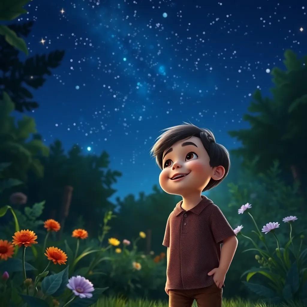 Sam, a little boy with a big smile, standing in the garden at night, looking up at the sky with a sense of wonder, full of stars, peaceful, dreamy atmosphere, high quality