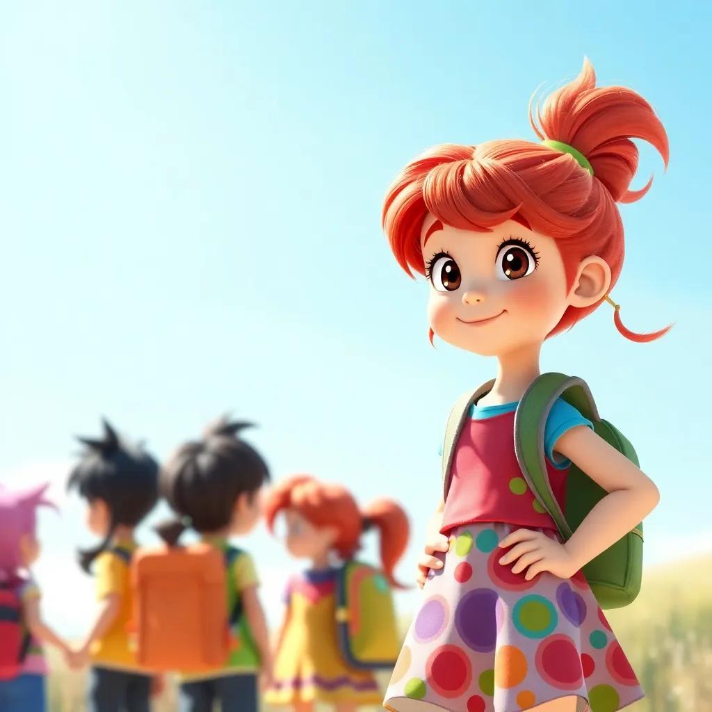 A brave little girl, Tilly, with bright red hair, wearing a colorful dress and a backpack, standing outside with her friends, bright blue sky, cheerful, adventure vibe, digital art, high quality