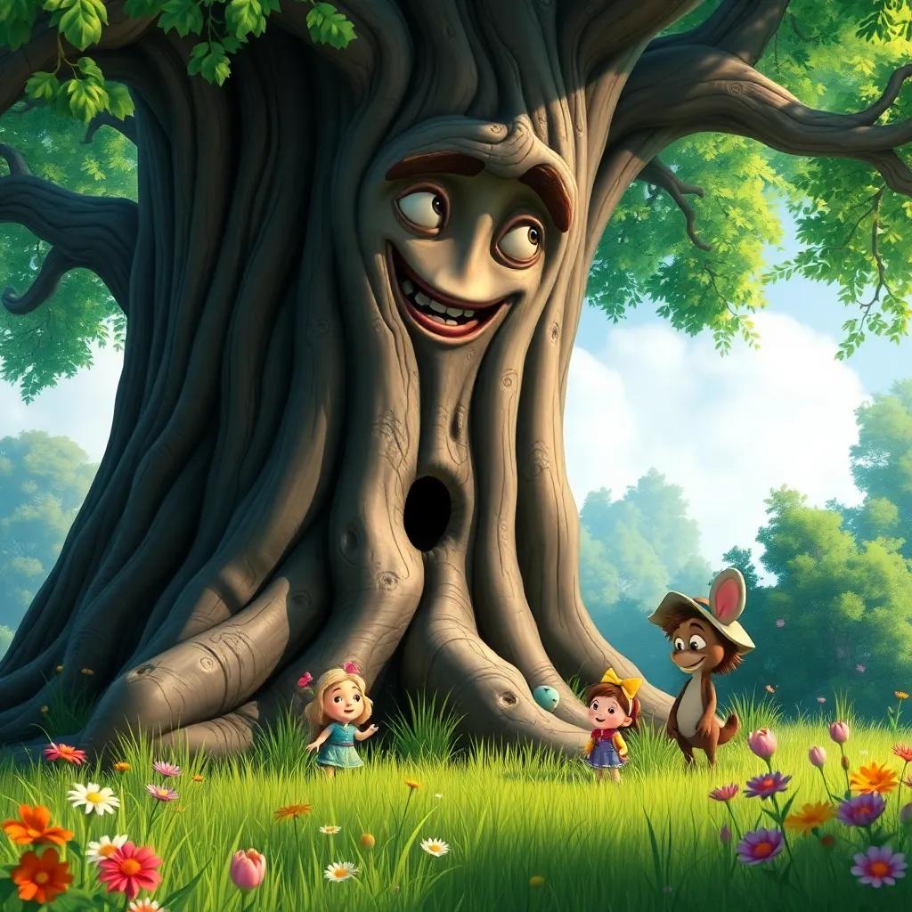A huge, old talking tree, with funny faces in its bark, smiling down at Tilly and her friends, surrounded by lush green grass and colorful flowers, magical atmosphere, detailed illustration, vibrant colors