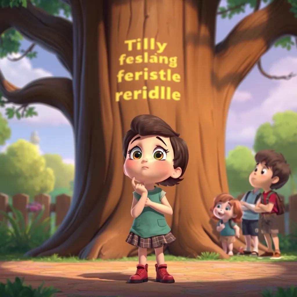 Tilly, with a thoughtful expression, standing in front of the tree as it gives its riddle, her friends listening eagerly, a feeling of excitement in the air, cheerful colors, cartoonish style