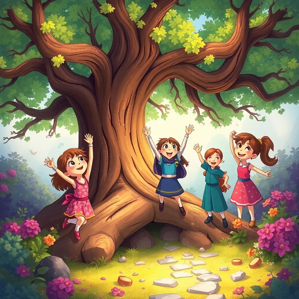 The tree cheering with branches swaying, as Tilly and her friends celebrate finding the treasure, with a secret path opening in the ground, colorful, magical, high-quality illustration