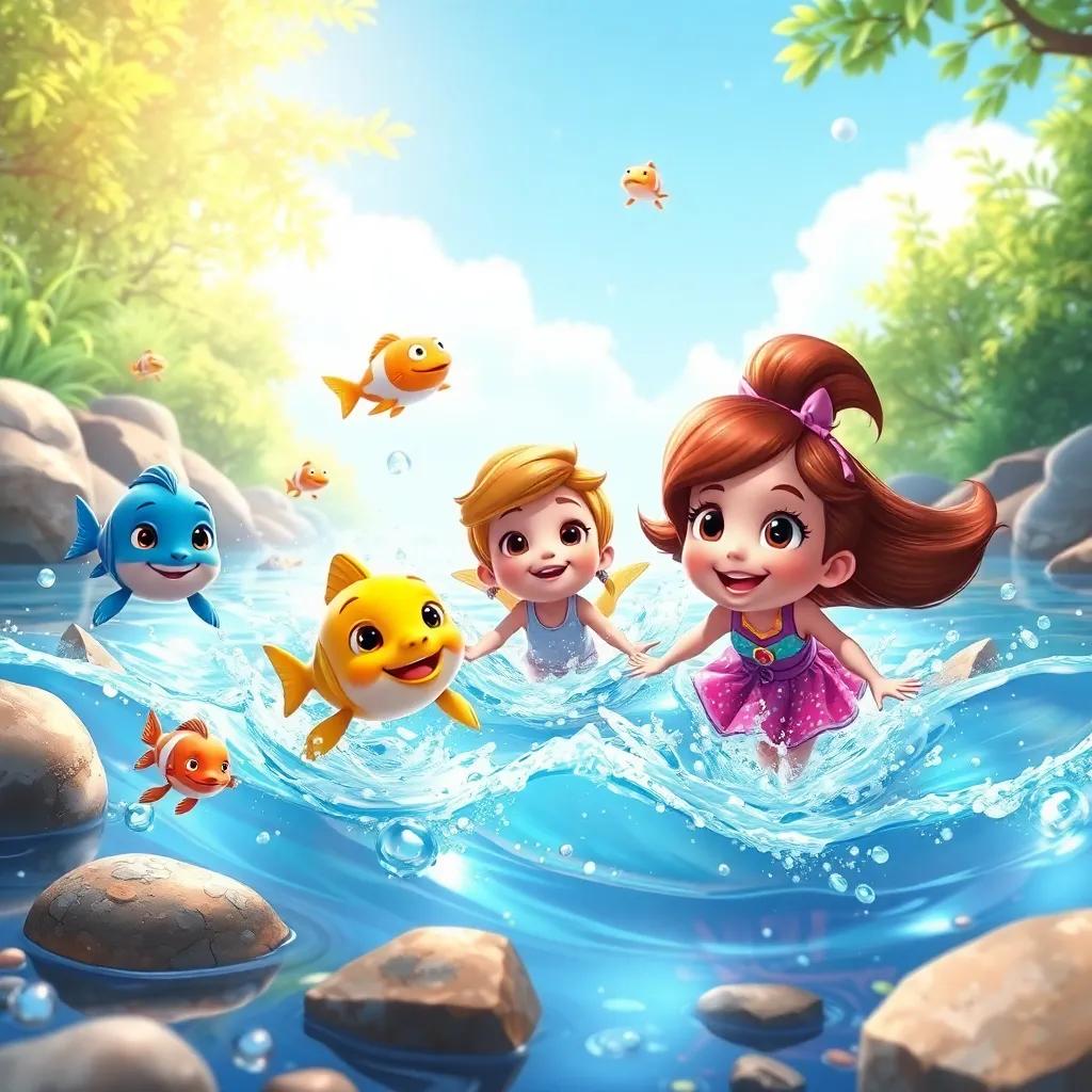Tilly and friends playing in a sparkling river, the water splashing around as fish jump, sunny day, happy faces, joyful atmosphere, vibrant colors