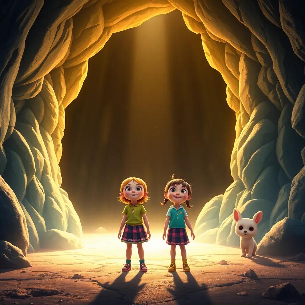 Tilly and her friends standing at the entrance of a big cave, glittering in the sunlight, with expressions of awe and wonder, magical and adventurous setting, detailed digital art