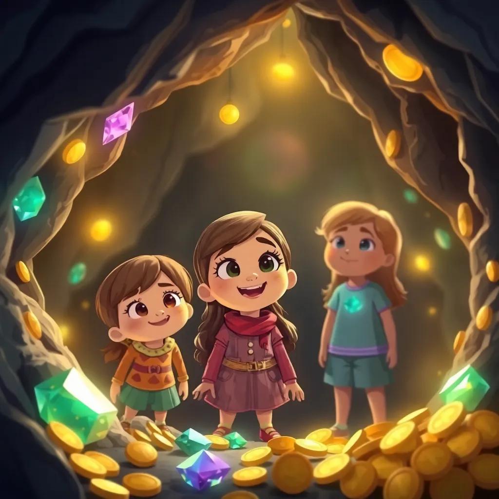 Inside the cave, Tilly and her friends amazed by shiny jewels and golden coins, soft glow illuminating their faces, feeling of excitement and wonder, high-quality child-friendly illustration