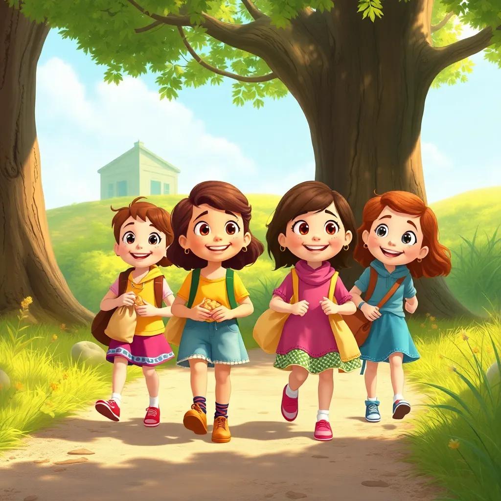 Tilly and her friends smiling happily, walking with bags of treasure, thanking the talking tree, bright cheerful colors, heartwarming scene, digital art