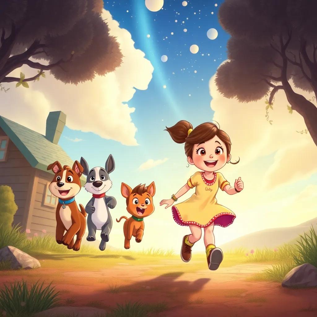 Tilly and her friends running home, dreaming of new adventures, joyful expressions, light-filled sky, nostalgic and adventurous vibe, detailed illustration
