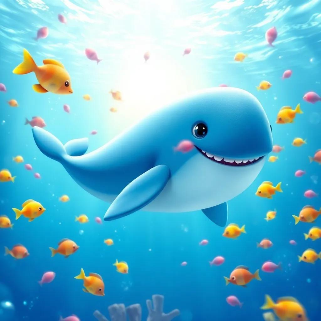 Wally the Whale, a giant blue whale with a friendly smile, swimming in a sparkling blue ocean surrounded by colorful fish, joyful atmosphere, digital art, vibrant colors, bright sunlight