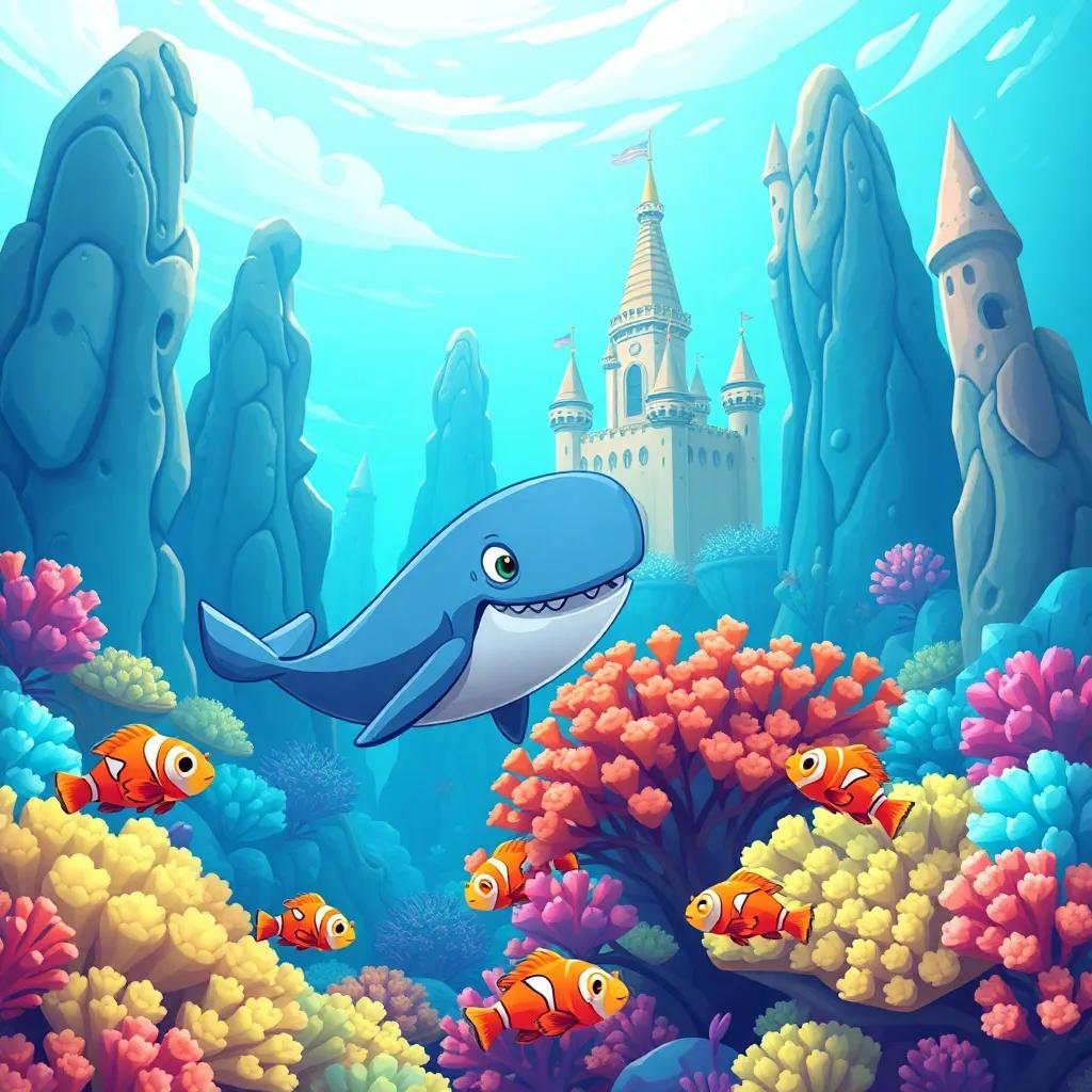 Wally the Whale swimming past tall coral reefs that look like castles, orange clownfish playing hide and seek around the coral, colorful and lively scene, illustration, cheerful, adventurous