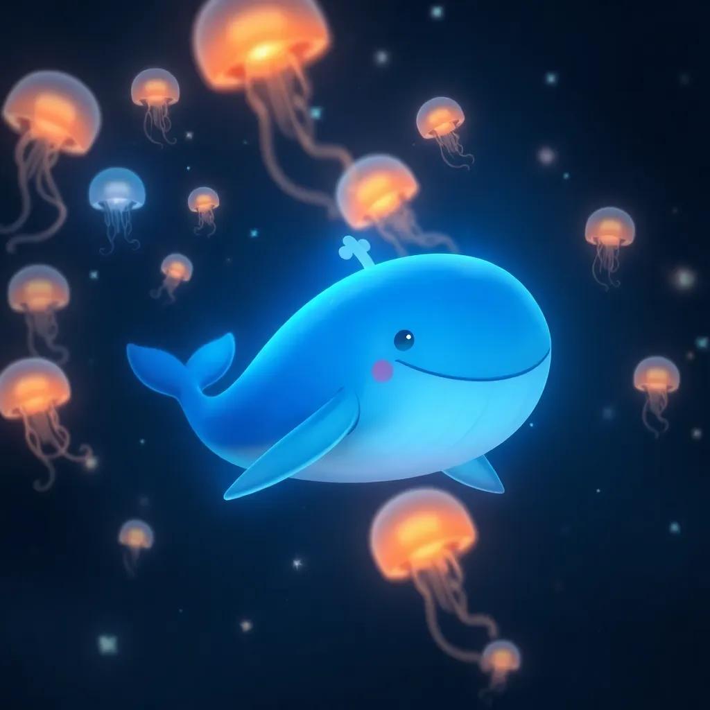 Wally the Whale in the dark ocean depths, glowing jellyfish dancing around him, twinkling lights looking like stars in the dark sea, magical atmosphere, digital painting, mystical