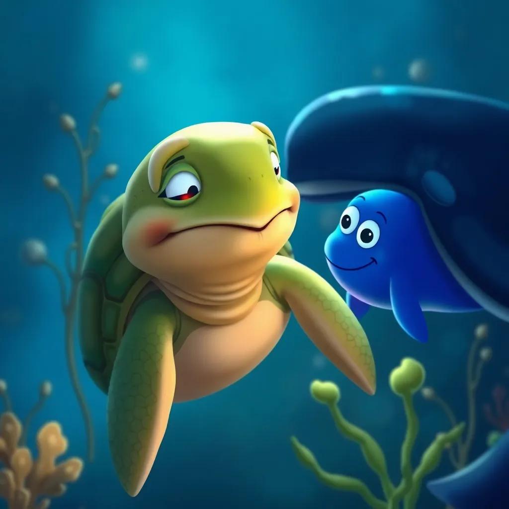 A wise old turtle with a gentle expression, chatting with Wally the Whale in the deep sea, sea plants swaying around them, serene setting, detailed illustration, calm and thoughtful light