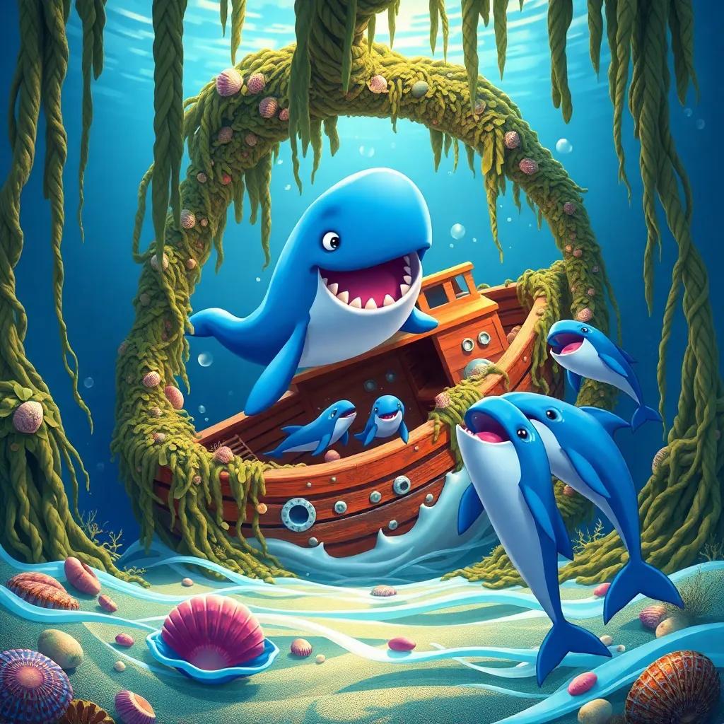 Wally the Whale approaching a sunken ship covered in seaweed and shells, dolphins playing inside the ship while laughing, exciting scene, colorful, digital art, playful moments