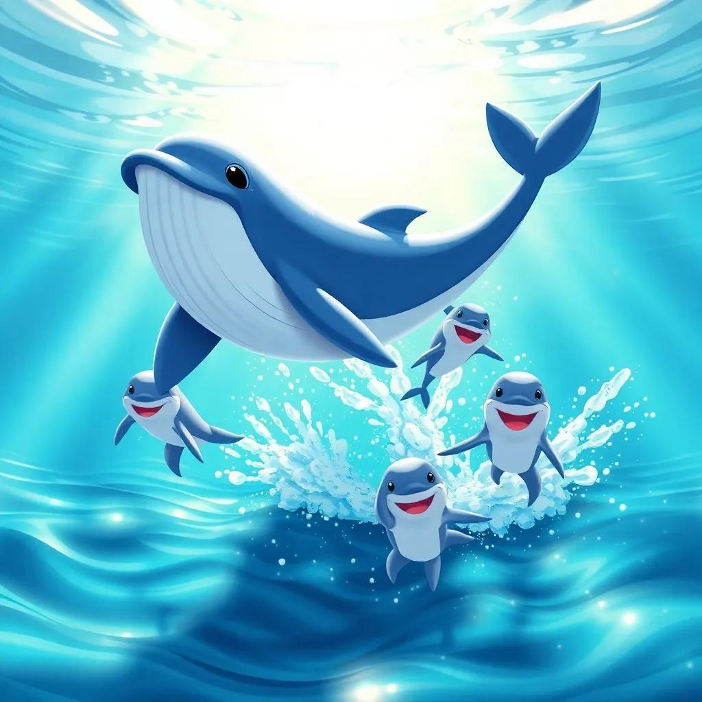 Wally the Whale and dolphins leaping out of the water, splashing together with joy, rays of sunlight sparkling on the surface of the ocean, cheerful and lively, illustration, vibrant