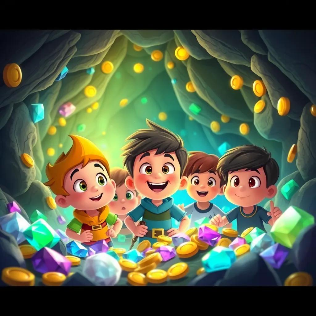 Wally and his friends discovering a hidden treasure cave filled with gems and golden coins, their faces filled with wonder, colorful and shiny treasures, playful atmosphere, digital art, thrilling