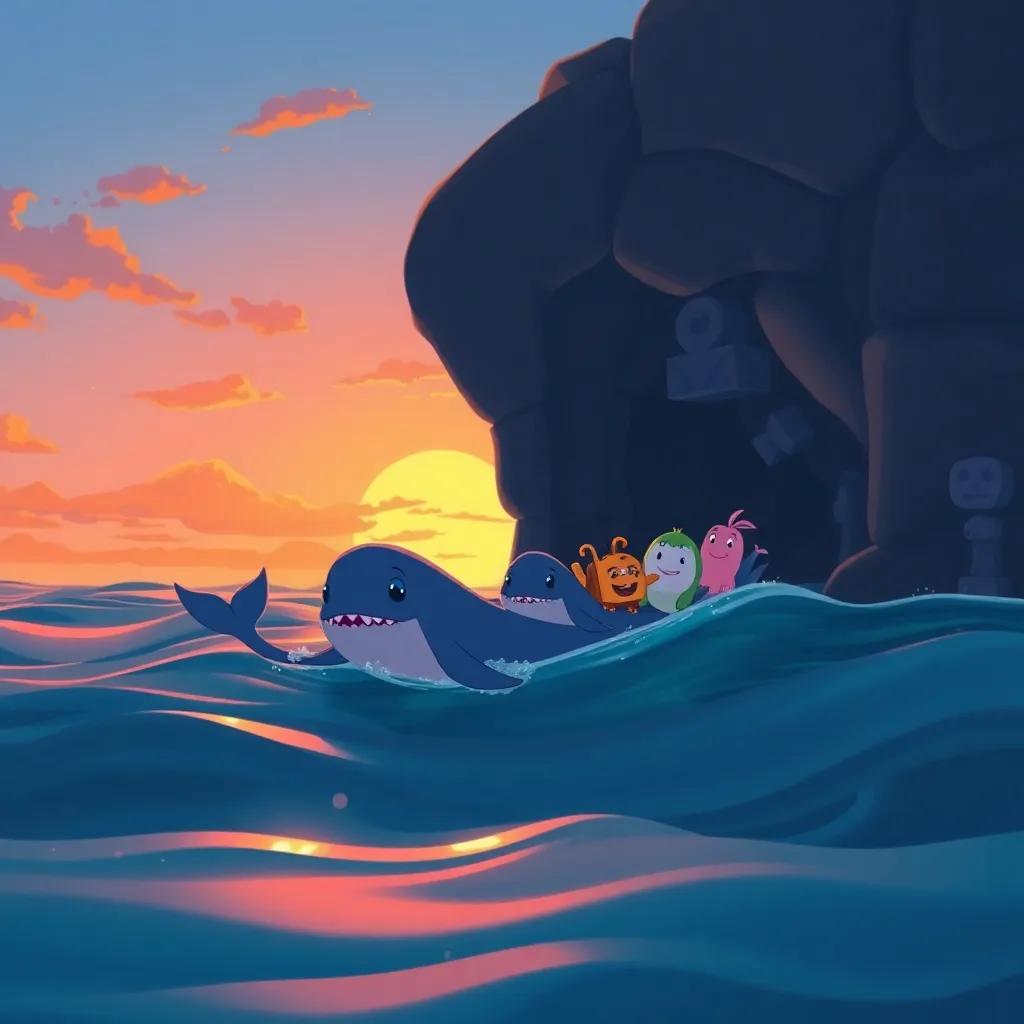 Wally the Whale and friends leaving the treasure cave, swimming back together as the sun sets, lighting up the ocean with orange and pink colors, heartwarming, beautiful scene, illustration, serene