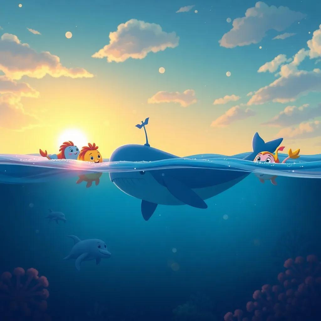 Wally the Whale and his friends swimming home, promising to explore the ocean together each day, the ocean filled with wonders and beauty, happy ending, digital art, uplifting and colorful